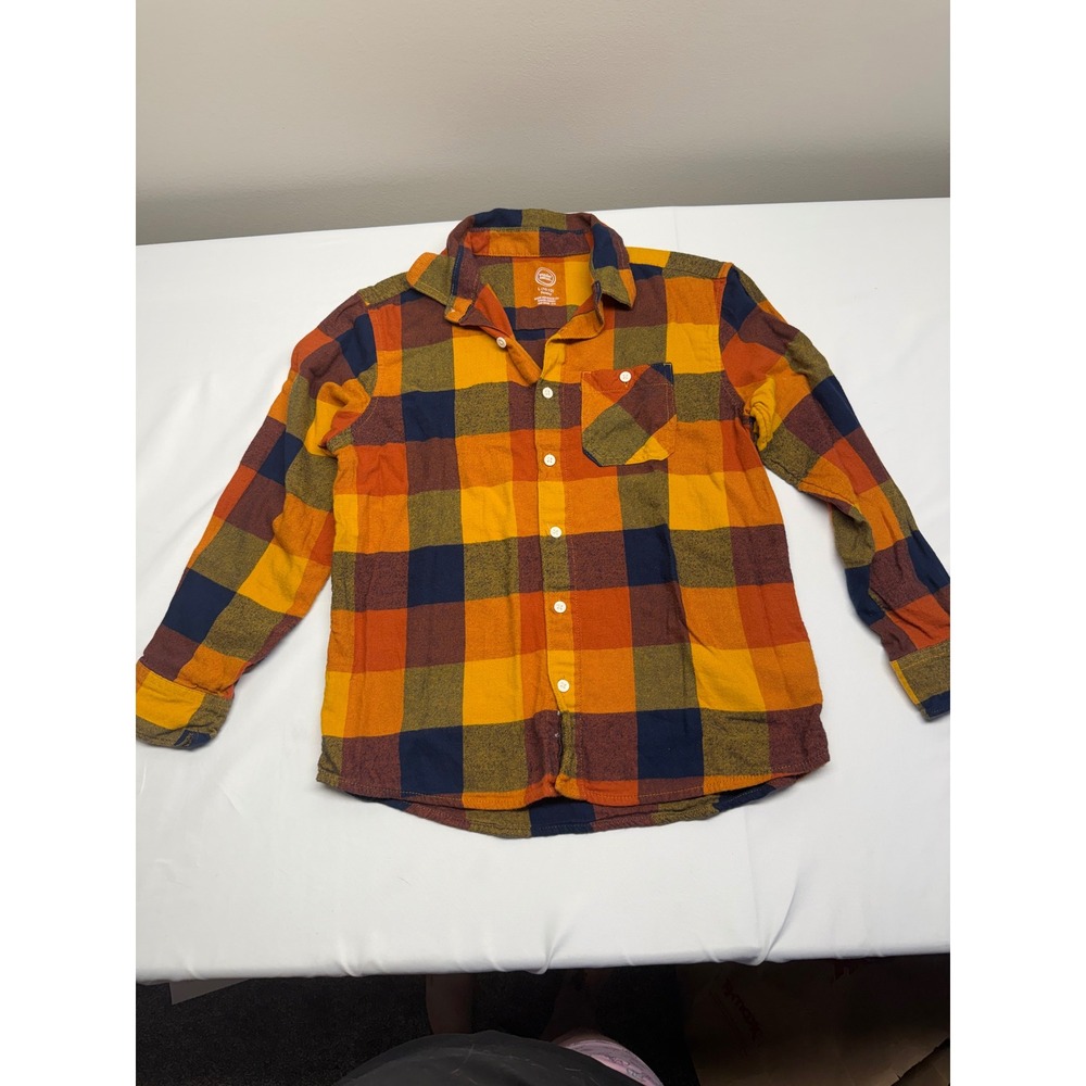Wonder Nation Boys L 10-12 Husky Flannel Shirt Orange Yellow Navy Blue Plaid